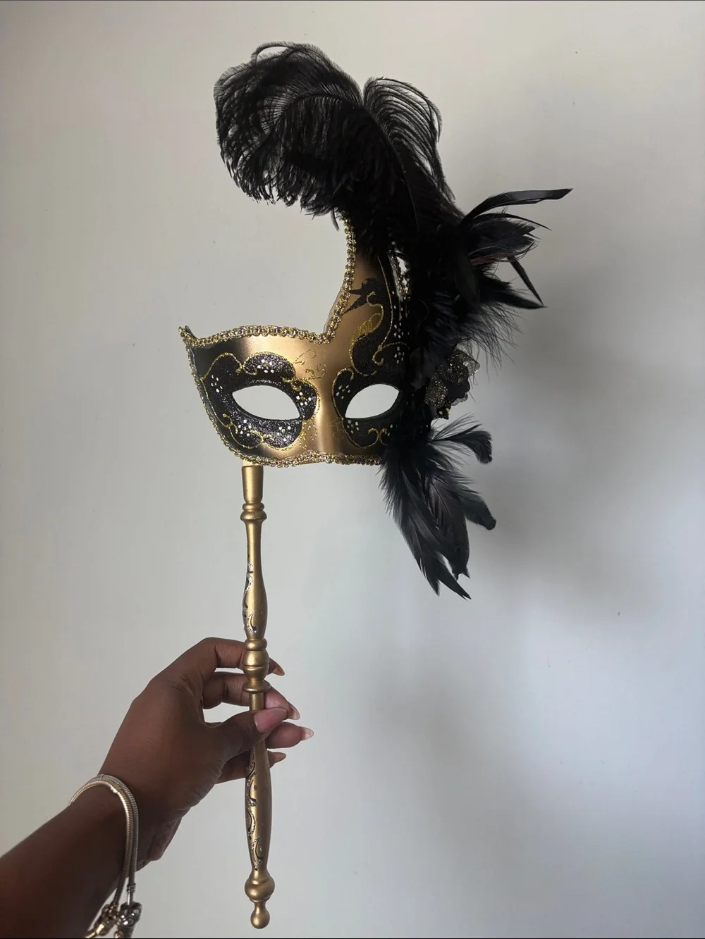 Gold and Black Feathered Venetian Handheld Mask